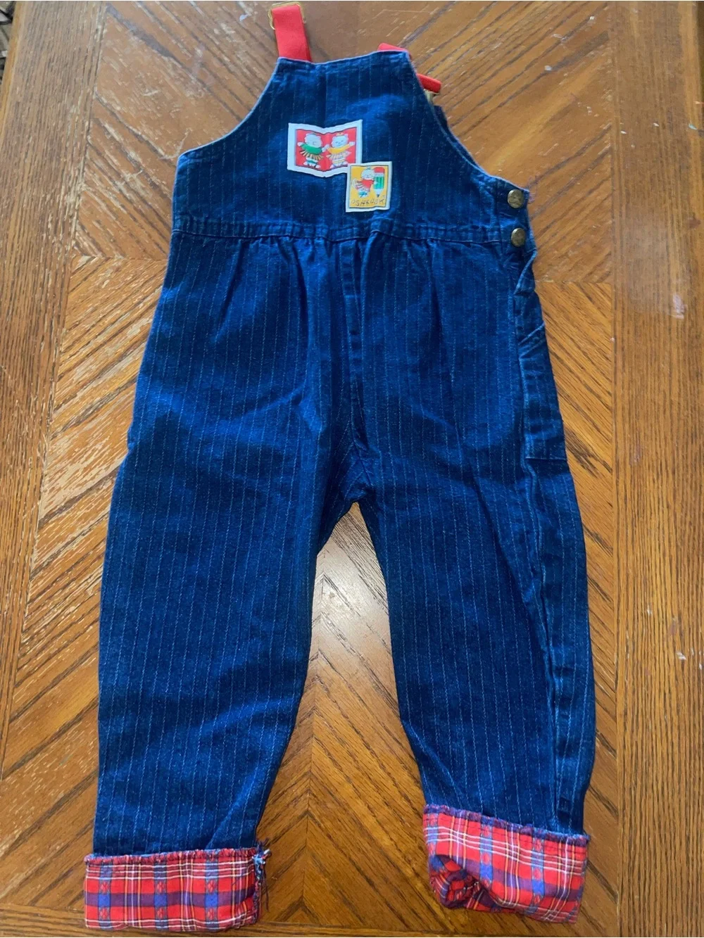 OshKosh B'gosh Navy Pinstriped Overalls with Red Straps and Plaid Cuffs
